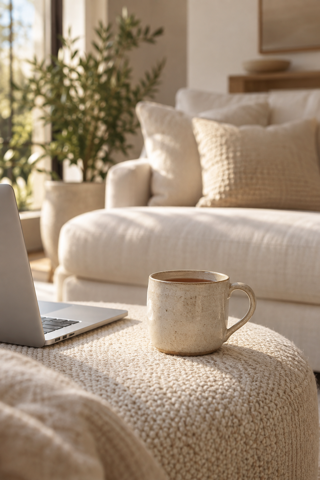 Ambiente acolhedor com notebook e xícara preparado para atendimento jurídico on-line